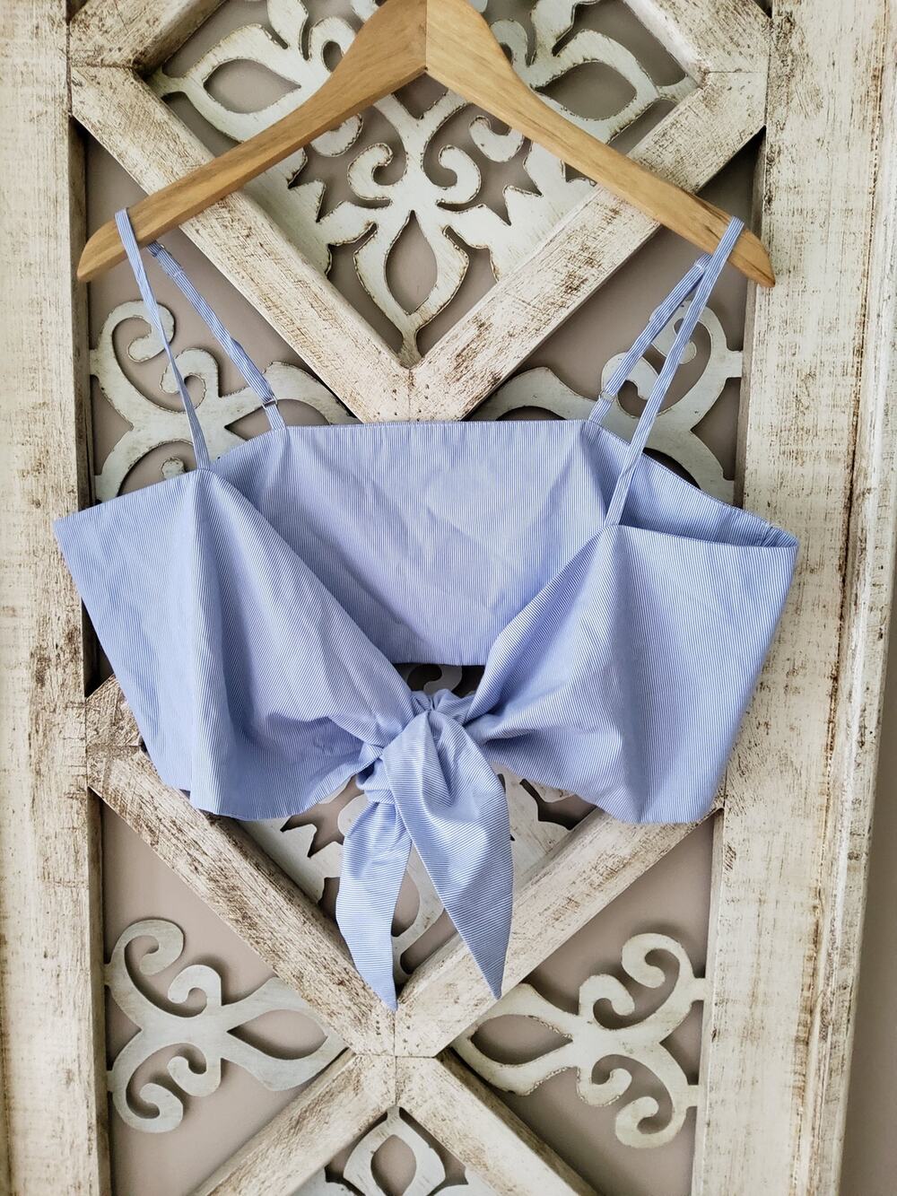 Nordstrom Pinstripe Front Tie Crop Top Bandeau Camisole Blue White Large L